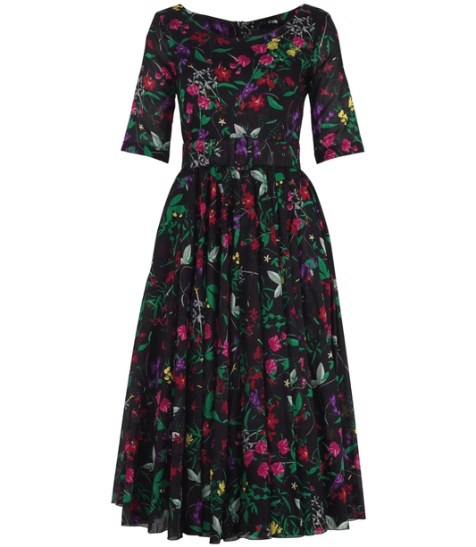 A knee-length dress with a collared neckline, three-quarter sleeves, and a flared skirt. Features a bold allover abstract pattern and fitted waist.