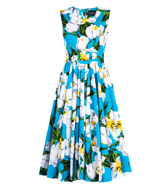 A knee-length dress with a collared neckline, three-quarter sleeves, and a flared skirt. Features a bold allover abstract pattern and fitted waist.